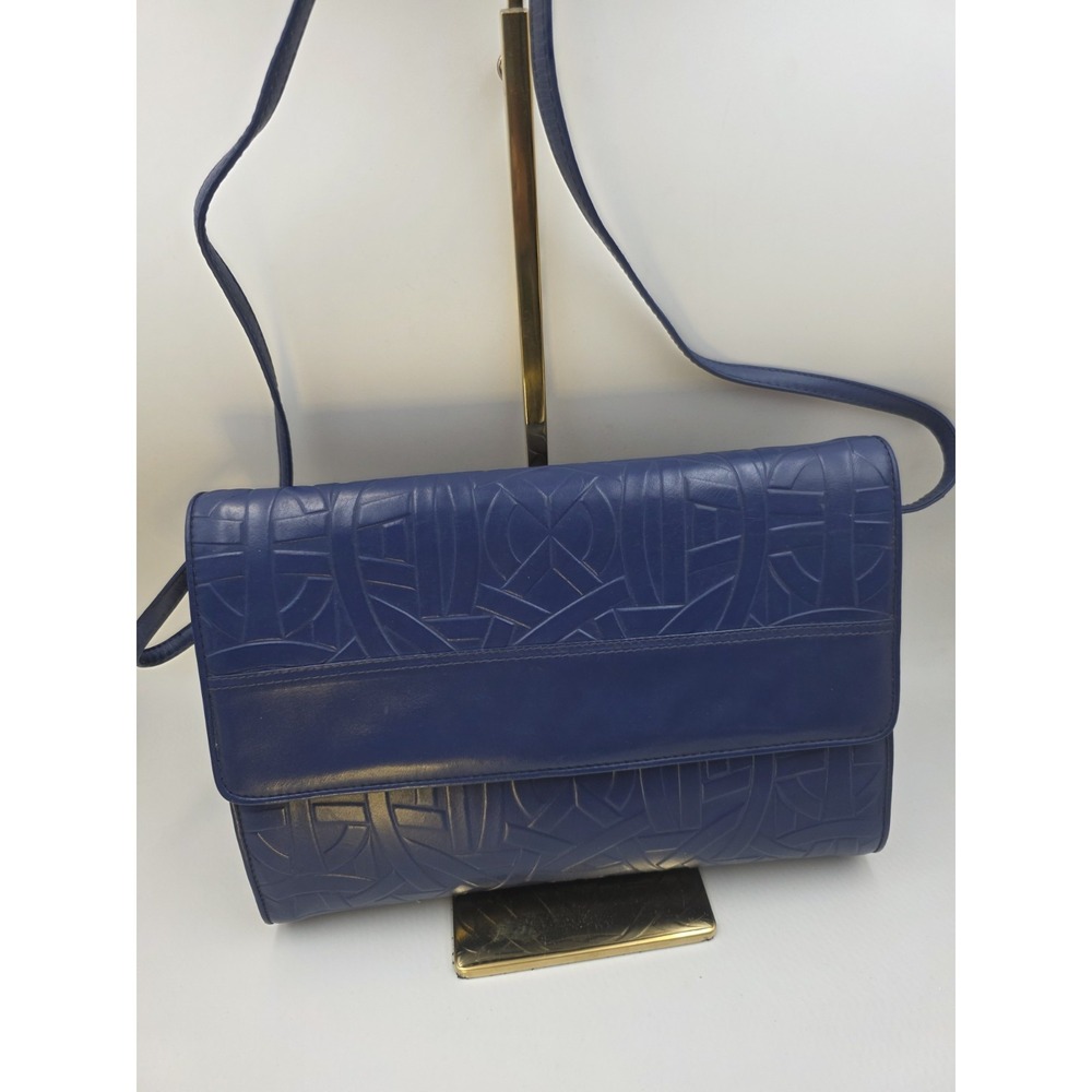 VTG‎ Blue Soft Leather Clutch Crossbody Purse Geometric Embossed Flap 12x9 - Picture 3 of 14